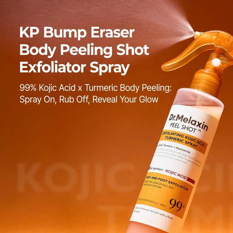 Peel shot spray by Dr. Melaxin, exfoliating skin formula with Kojic Acid and Turmeric for a glowing body.
