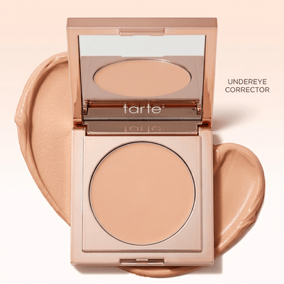 Tarte Under Eye Corrector with Brush – Full Coverage Concealer in a compact with cream swatch for dark circles.
