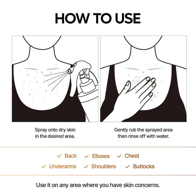 How to use Peel Shot Spray: Spray on dry skin and gently rub, rinse off with water; suitable for various body areas.