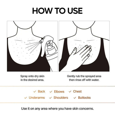 How to use Peel Shot Spray: Spray on dry skin and gently rub, rinse off with water; suitable for various body areas.
